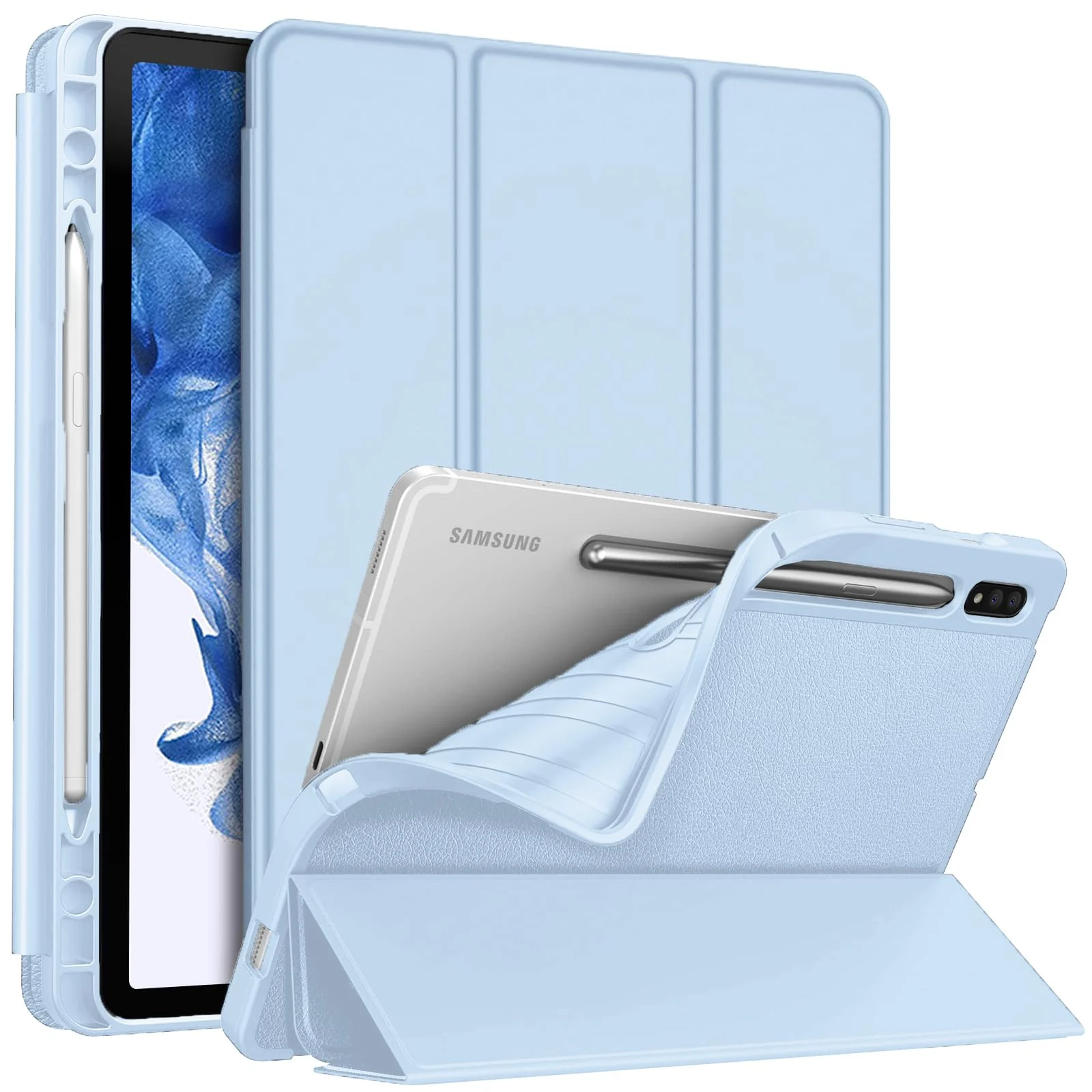 DL3 Mobilak Smart Case for Samsung Galaxy Tab S8 2022/Tab S7 2020 11 Inch (Model SM-X700/X706/T870/T875) with Pencil Holder, Soft TPU Smart Stand Back Cover Auto Wake/Sleep Feature - Sky Blue