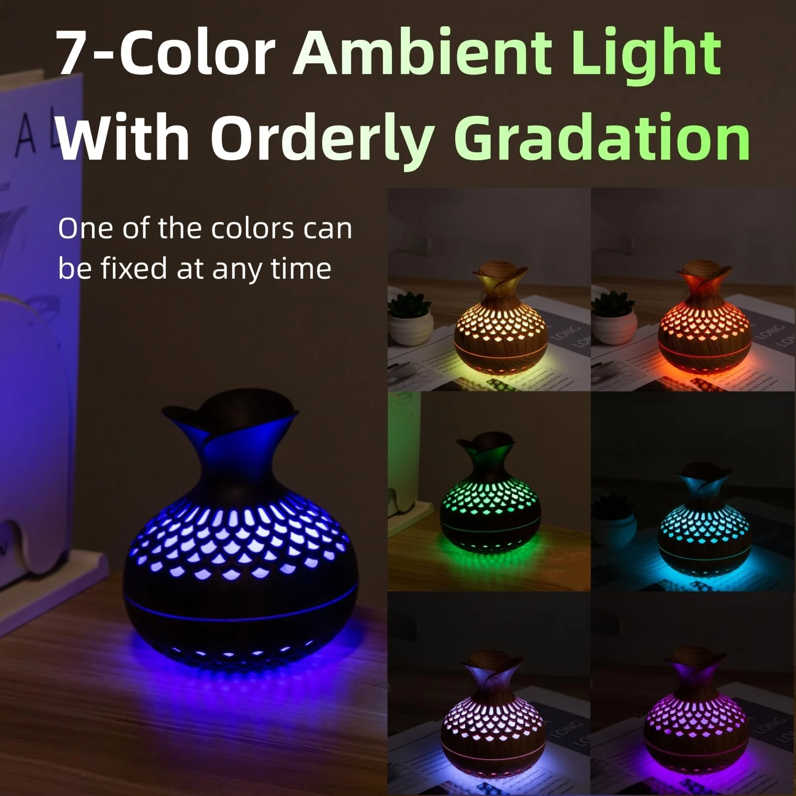 Mobigon Wood Cool Mist Ultrasonic Humidifier for Room Moisture, Aroma Diffuser for Home, 300ml Essential Oil Diffuser with 7 Colorful Night Light, Auto Shut-Off, Home, Office, car - Light Brown