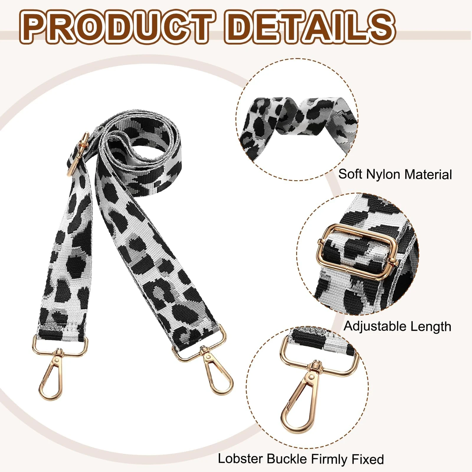 DL3 Mobilak Adjustable Wide Crossbody Bag Strap for Women, Replacement Shoulder Strap for Handbags, Totes & Purses with Elegant Embroidered Pattern and Metal Hooks - Leopard Silver