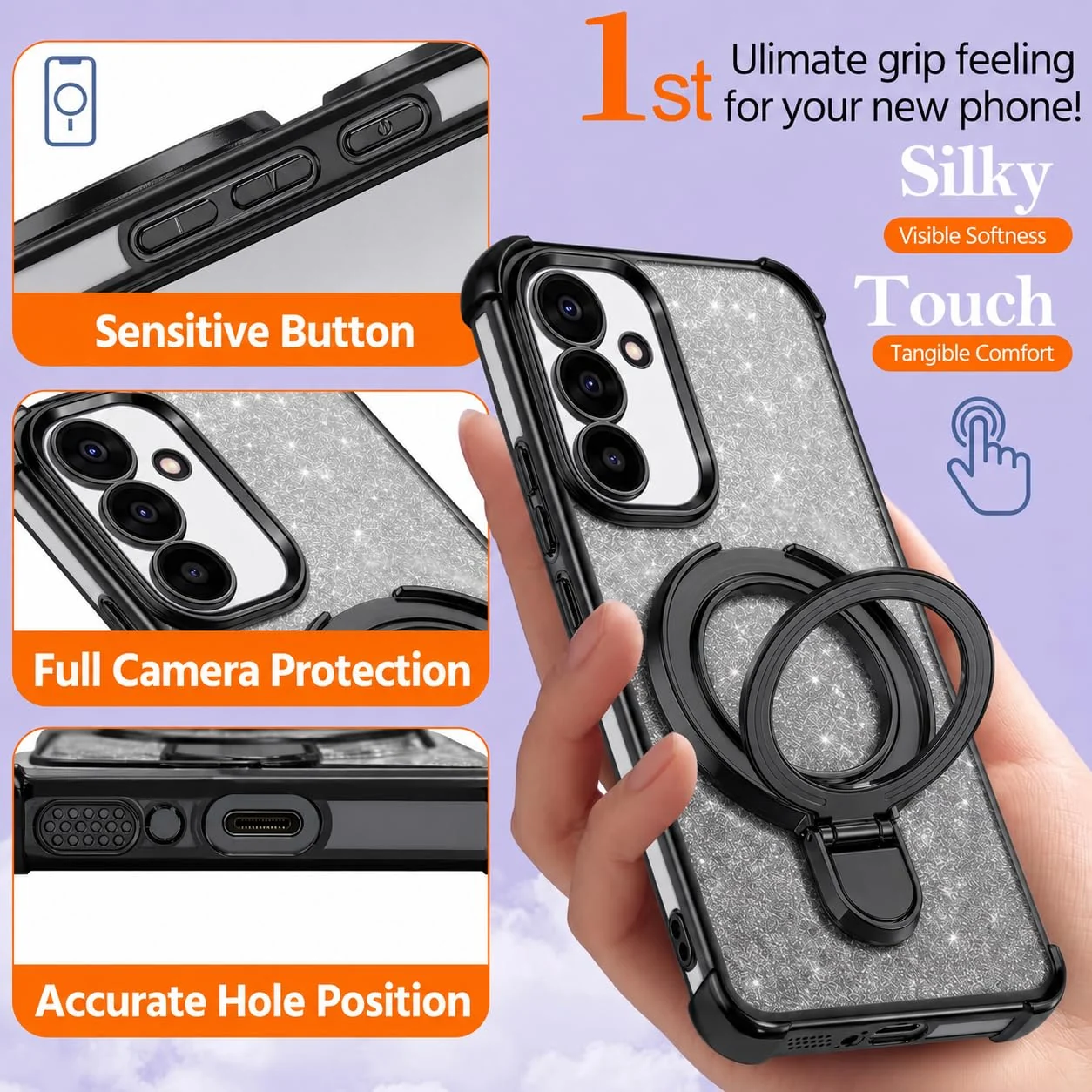 MOBIGON Glitter Phone Case with Magnetic Ring Stand for Samsung Galaxy A17, Black