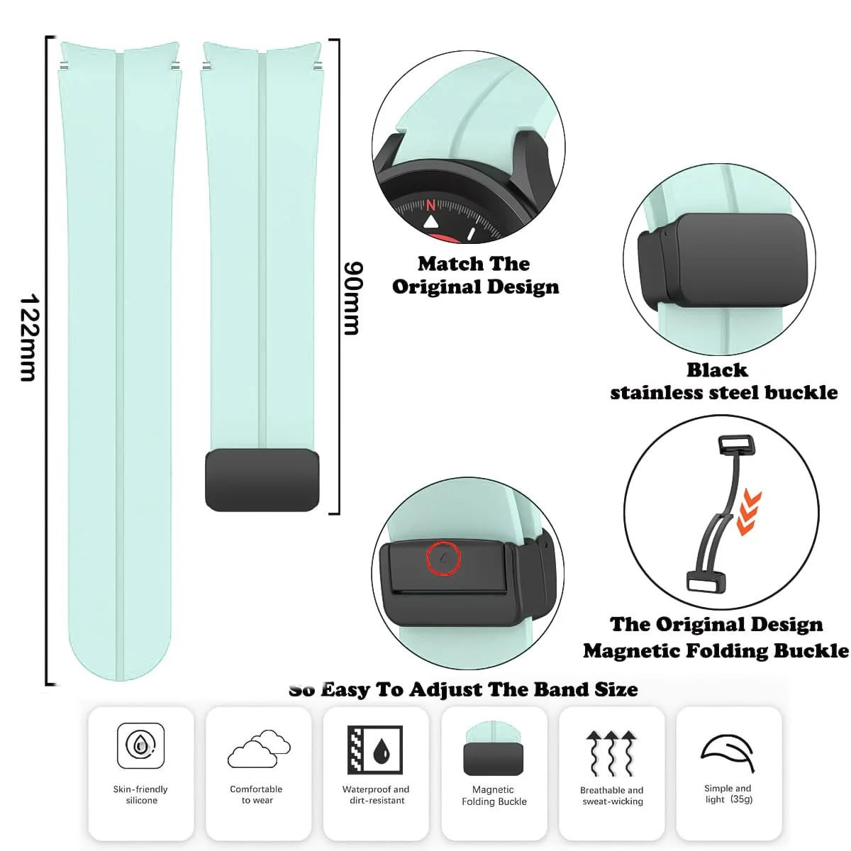 DL3 Mobilak Strap Compatible with Samsung Galaxy Watch 7 FE 6 5 4 Strap 40mm 44mm/Watch 6 Classic 43mm 47mm/5 Pro 45mm/4 Classic 42mm 46mm, No Gap Magnetic Clasp Silicone Band - Cyan