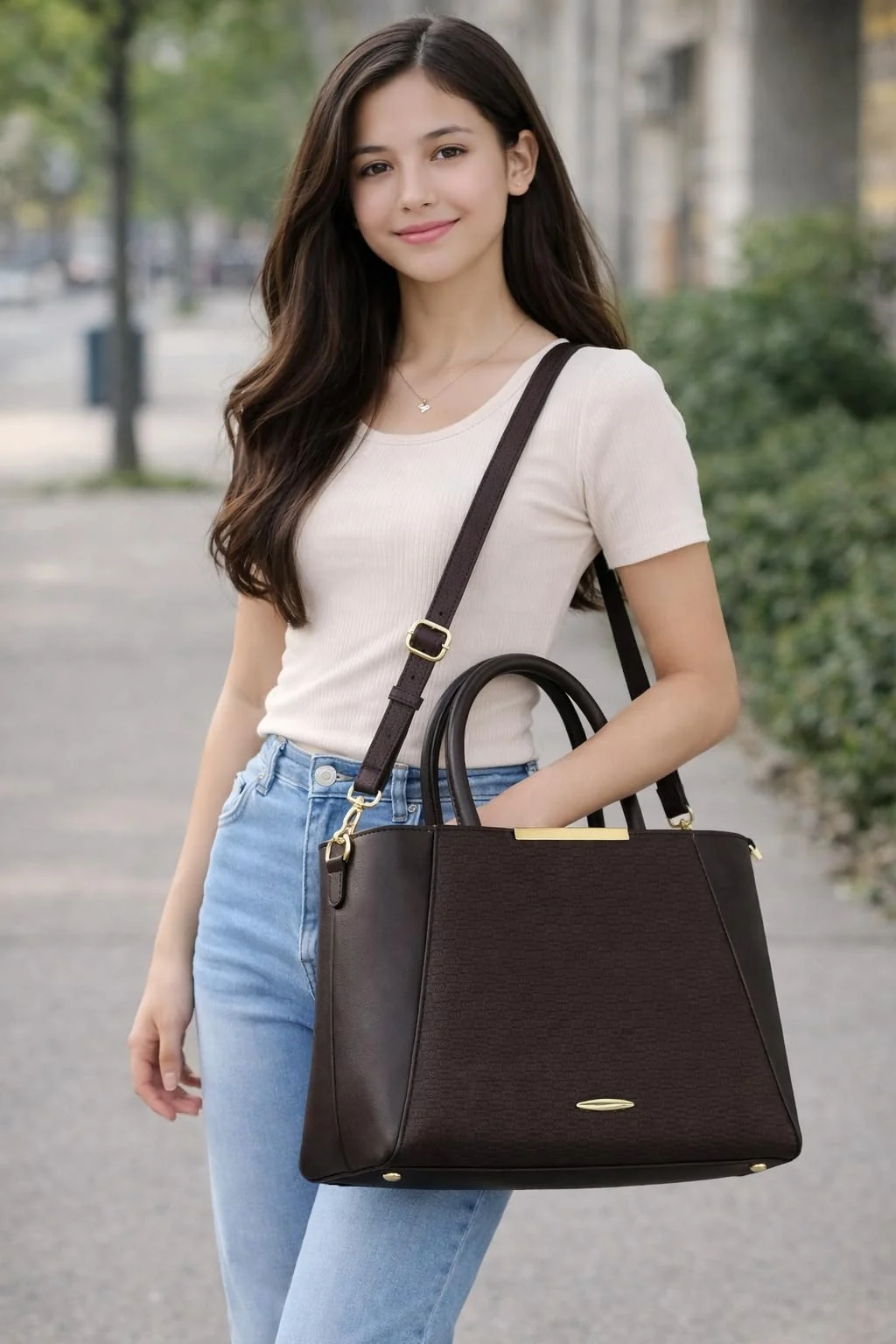 Mobigon Women’s Handbag Elegant Textured Satchel with Adjustable Shoulder Strap Structured Spacious Tote with Top Zipper Closure for Work, Office, Shopping & Daily Use - Brown