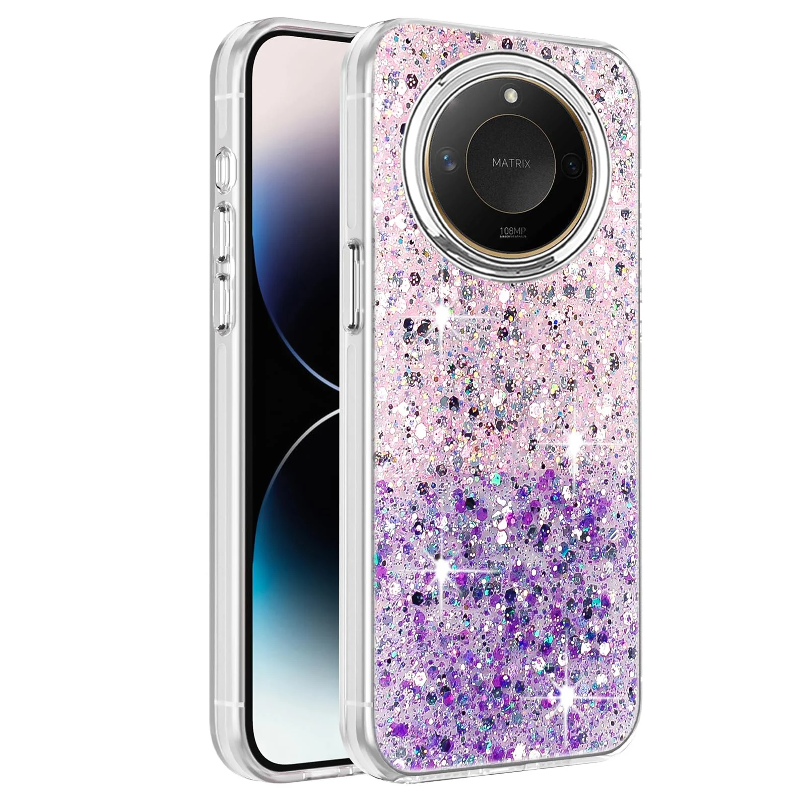 DL3 Mobilak Compatible with Honor X9c Smart Case, Clear Glitter Bling Sparkly, Soft TPU Frame Bumper, Hard-Back Cover for Women & Girls, Transparent Protective Phone Case - Pink Purple