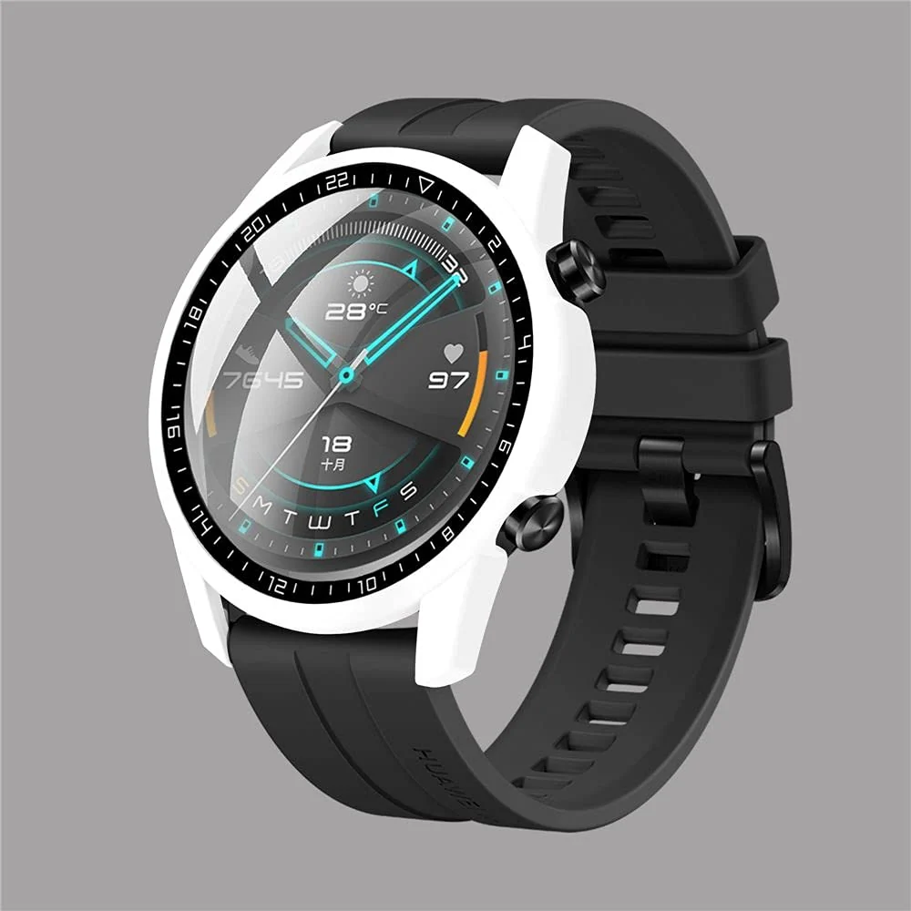 DL3 Mobilak Case Compatible with Huawei Watch GT2 46mm PC Cover with Bezel Tempered Glass Protection, Ultra Thin Full Protection for Huawei Watch GT 2 46 mm Protective Case - White
