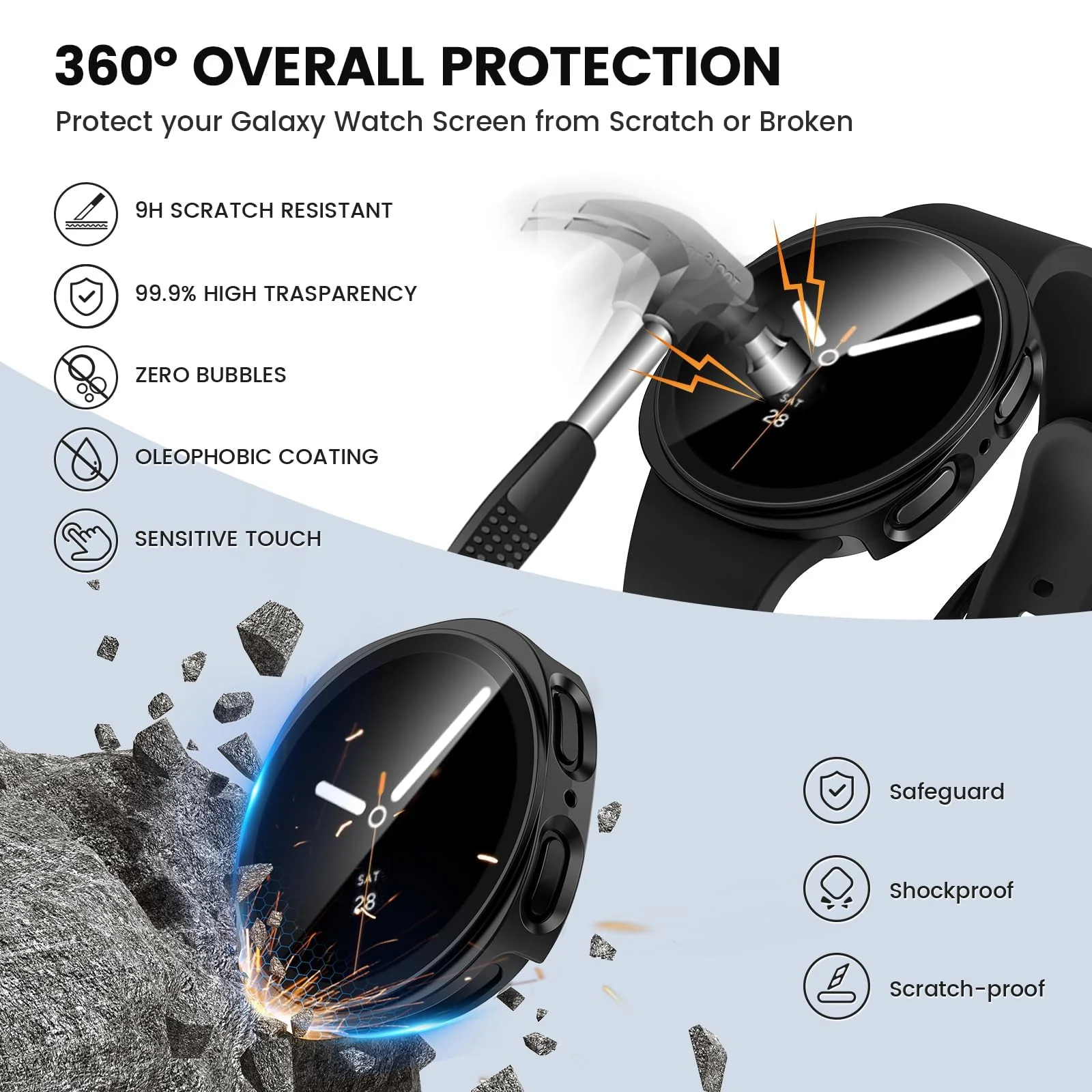 DL3 Mobilak Case Compatible with Samsung Galaxy Watch 8 44mm, Full Coverage Slim Hard Case Protective Bumper Built-in Tempered Glass Screen Protector Shell for Galaxy Watch8 44 mm - Black