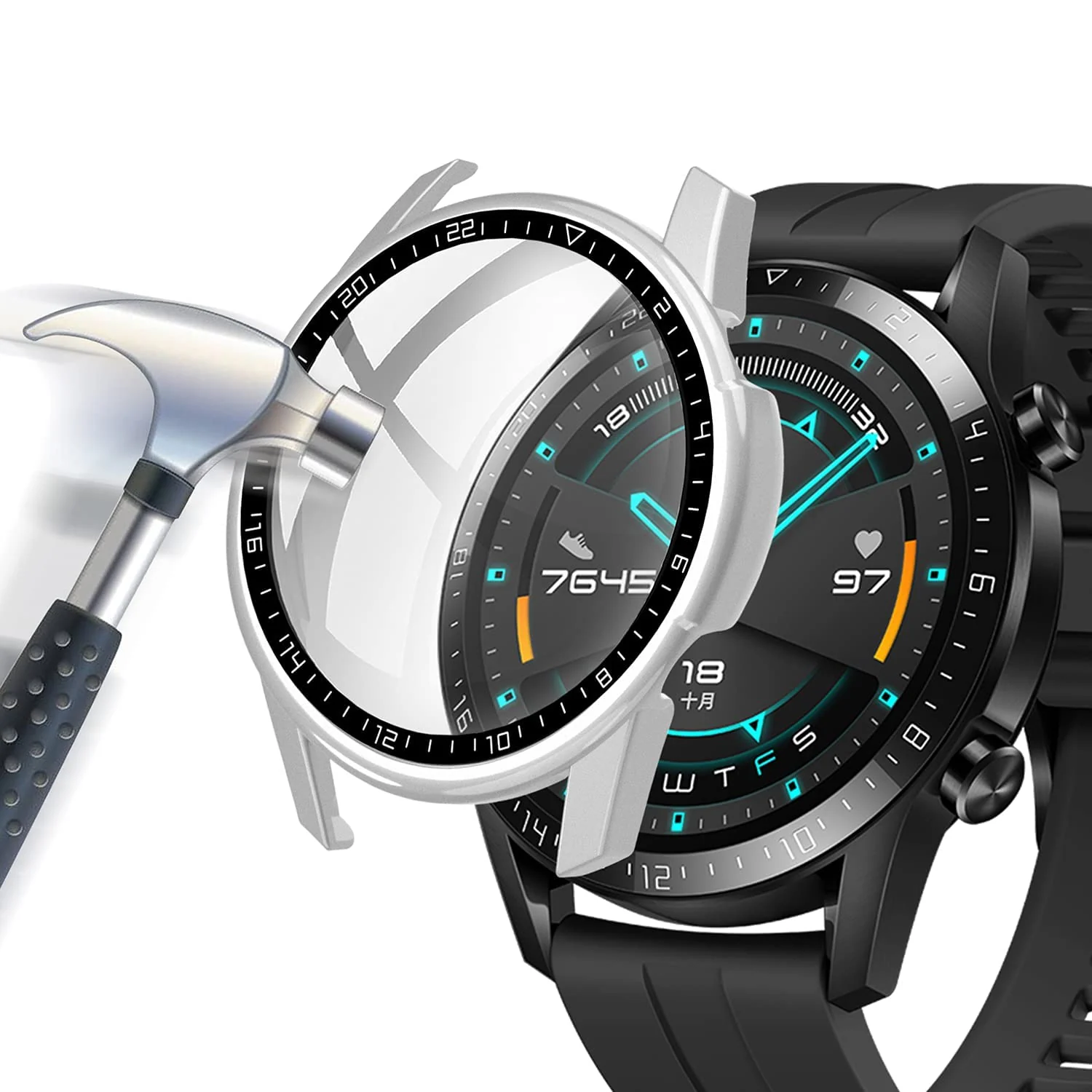 DL3 Mobilak Case Compatible with Huawei Watch GT2 46mm PC Cover with Bezel Tempered Glass Protection, Ultra Thin Full Protection for Huawei Watch GT 2 46 mm Protective Case - Silver