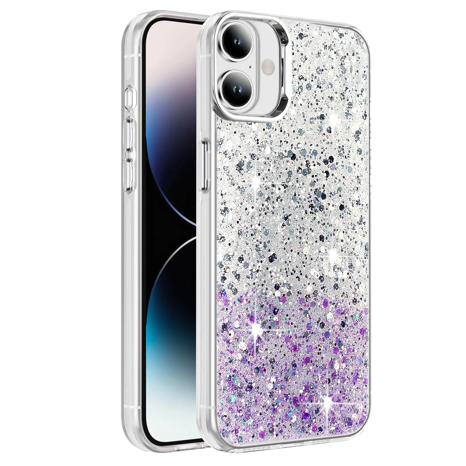 DL3 Mobilak Glitter Rhinestone Protective Case for iPhone 16 6.1-Inch with Shockproof Design - White Purple
