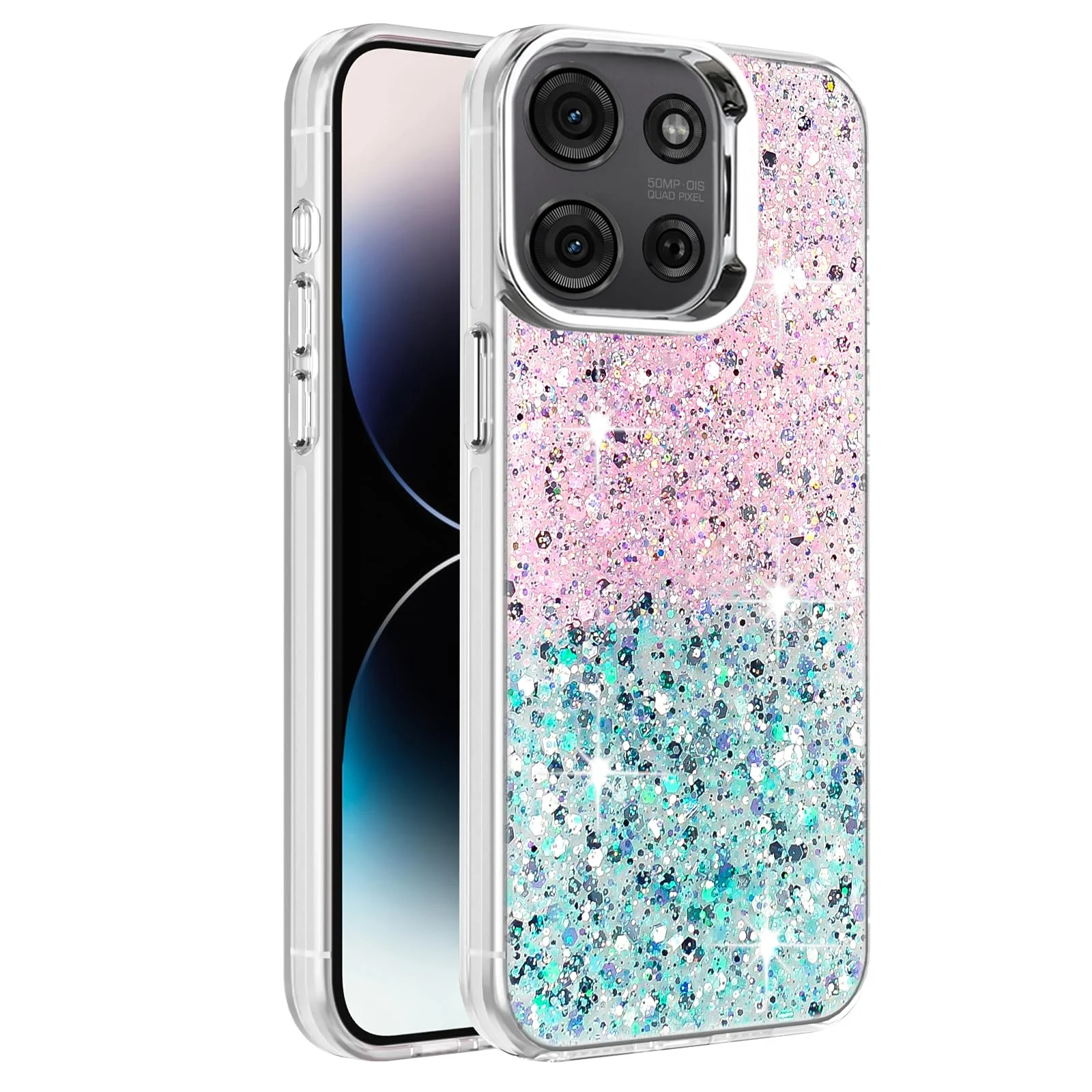 DL3 Mobilak Glitter Protective Case for Motorola Moto G75 5G, Supports wireless charging, Camera protection, Shock-absorbing protection - Pink Green