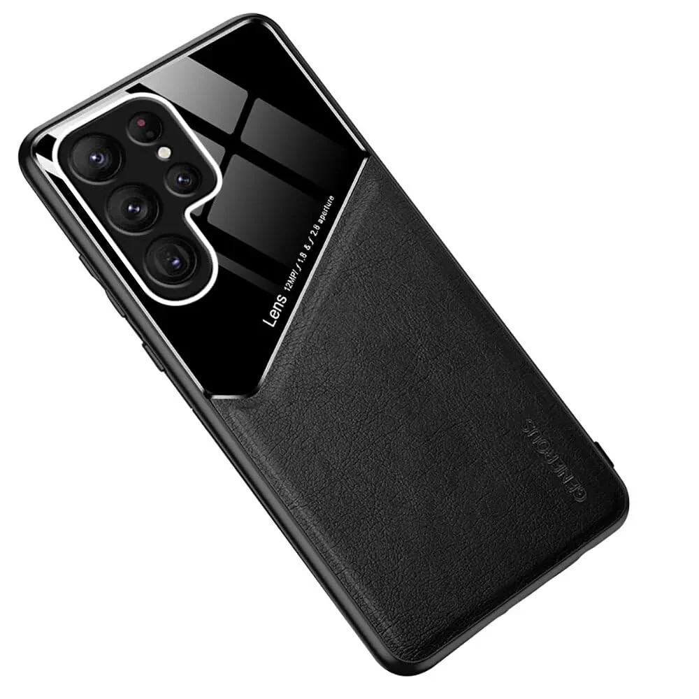 "DL3 Mobilak Leather and PC Protective Case for Samsung Galaxy S22 Ultra (6.8""), Built-in magnetic car-mount support, Shock-absorbing protection, Raised edges around the screen and camera - Black"