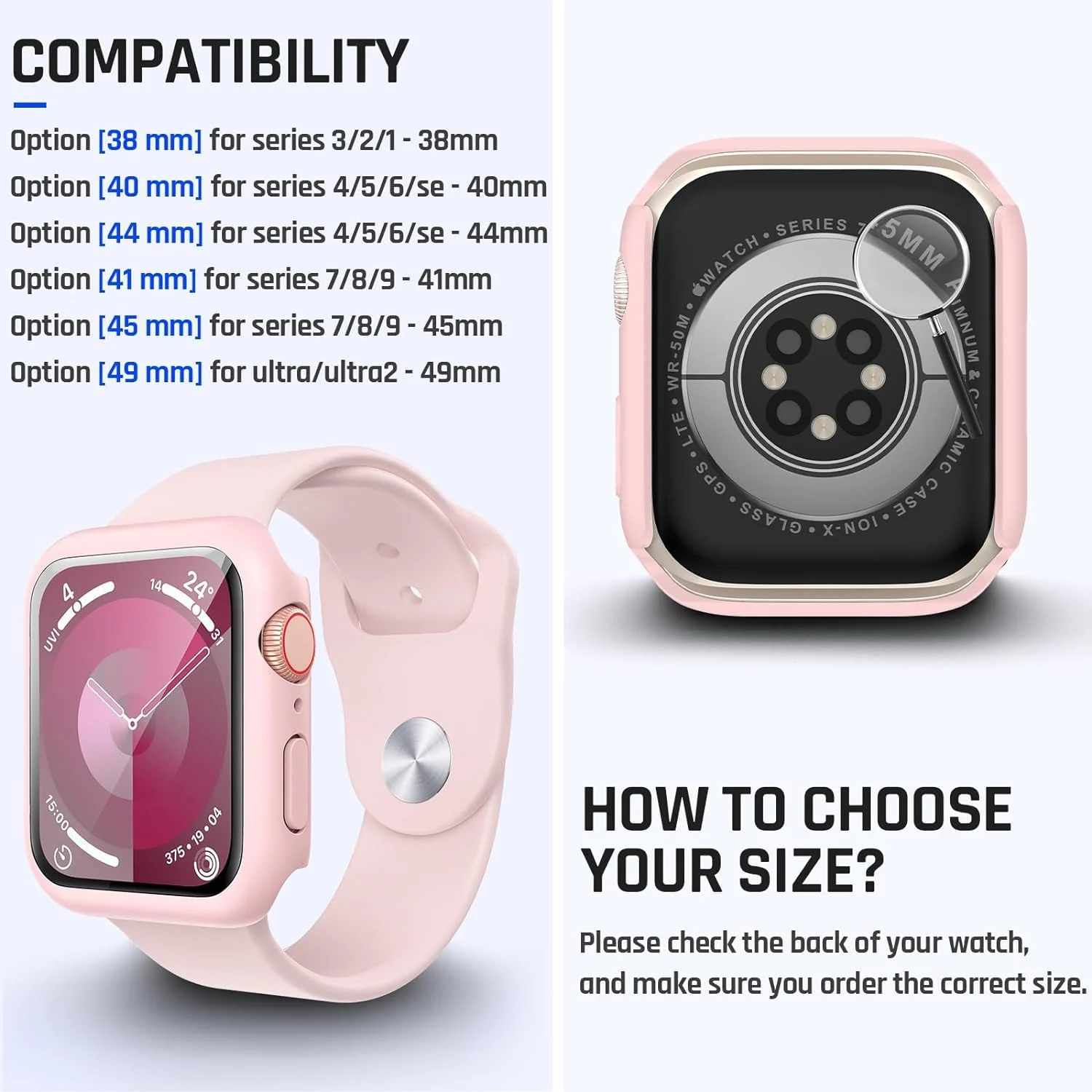 DL3 Mobilak Hard Case Designed for Apple Watch Series 9/8/7 45mm, Built-in 9H [HD Clear] Tempered Glass Screen Protector, [Full Protection] Slim Cover for iWatchSeries 9/8/7 45mm - Pink