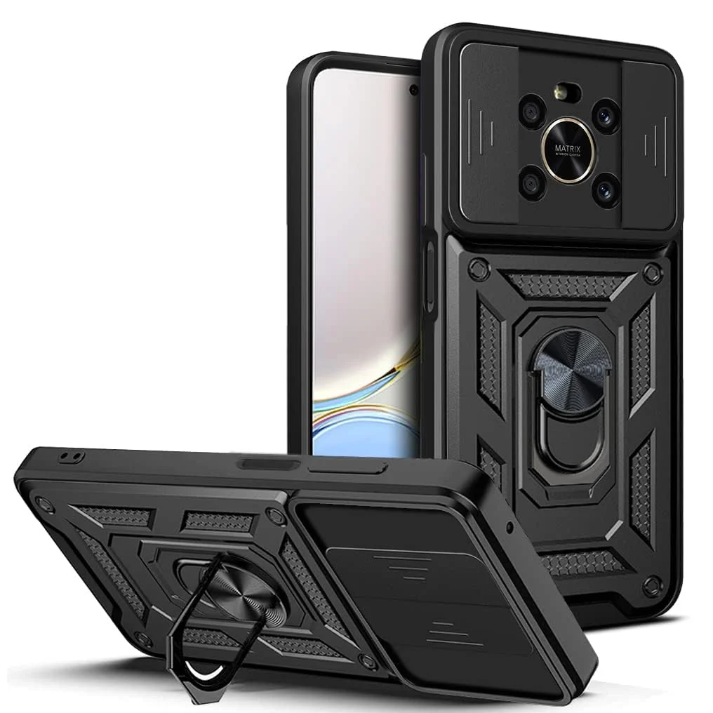 DL3 Mobilak Protective Case with Sliding Camera Cover, Metal Ring Kickstand and Magnetic Car-Mount Support for Honor X9 4G 5G / Honor X30 / Honor Magic 4 Lite - Black