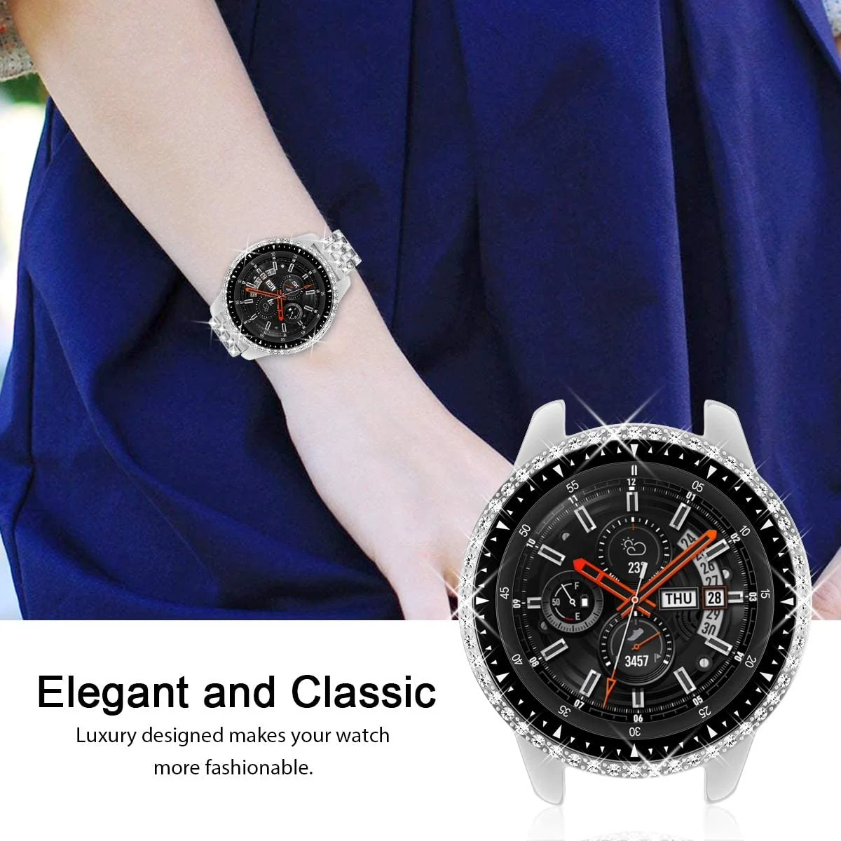 DL3 Mobilak Bumper Diamond Case Compatible with Samsung Galaxy Watch 46mm, Gear S3 Frontier Case (NOT fit for -R770), Bling Crystal Diamonds PC Plastic Protector Case Cover Frame - Silver
