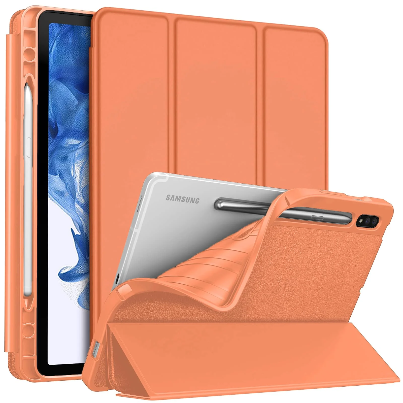 DL3 Mobilak Smart Case for Samsung Galaxy Tab S8 Plus 2022/S7 FE/S7 Plus 12.4 with Pencil Holder, Soft TPU Smart Stand Back Cover Auto Wake/Sleep Feature - Orange