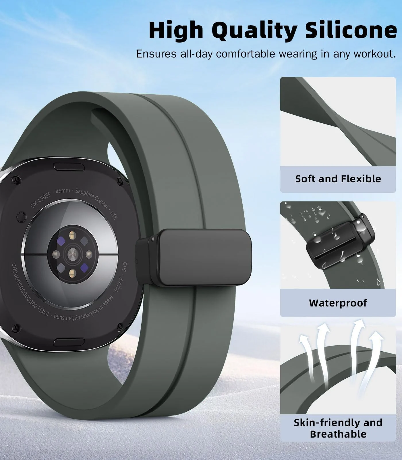 DL3 Mobilak Silicone Strap for Samsung Galaxy Watch 8 40mm/44mm, Men's and Women's Adjustable Sports Silicone Magnetic Buckle Bands for Samsung Galaxy Watch 8 Classic 46mm 2025 - Army Green