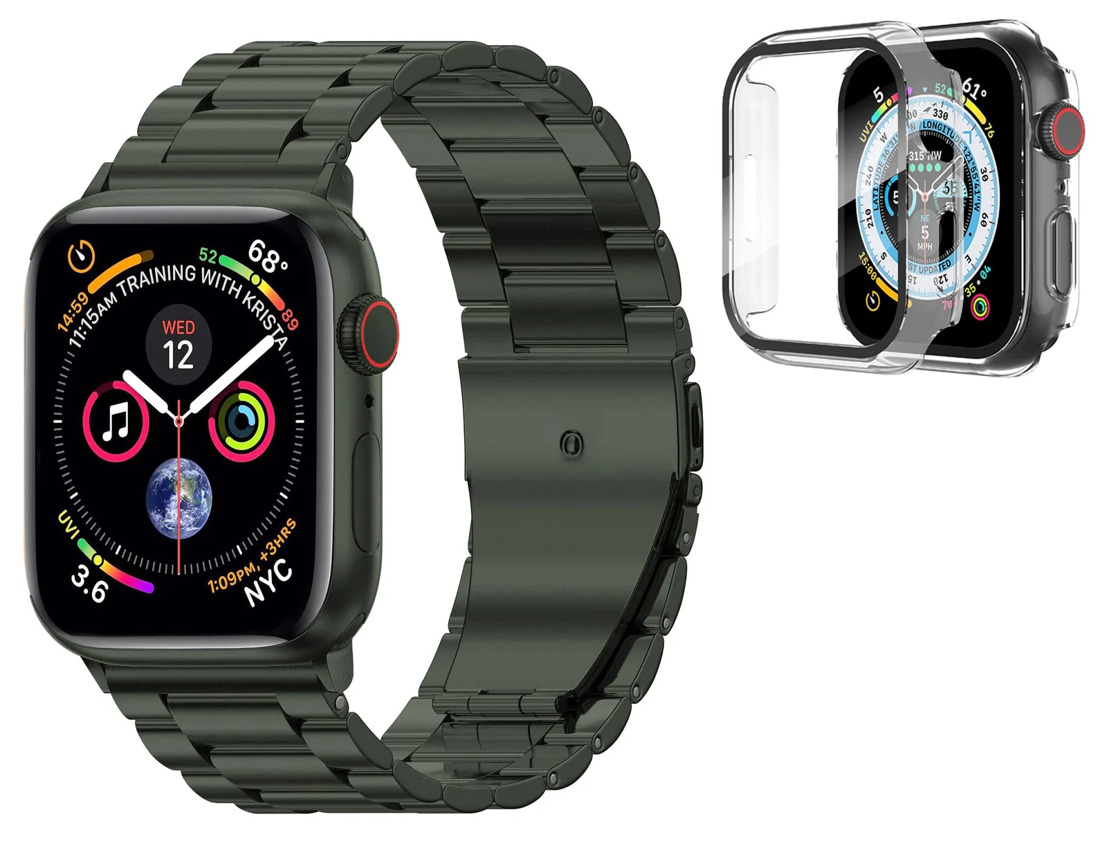 DL3 Mobilak Stainless Steel Band with Case Compatible with Apple Watch Band 45mm Series 9/8/7, Men Woman Business Strap with Protective Bumper Cover for iWatch Series 7/8/9 45mm (Olive) - Olive Green