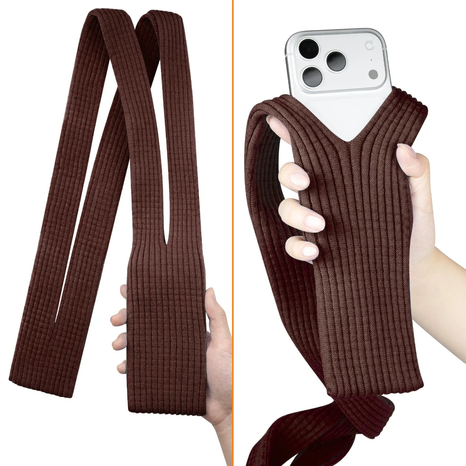 DL3 Mobilak Phone Pocket Lanyard Crossbody Strap 80cm, Universal Stretch Knit Mobile Holder Pouch, Hands-Free Shoulder Phone Bag for iPhone & All Smartphones, Lightweight Minimalist Design - Cinnamon
