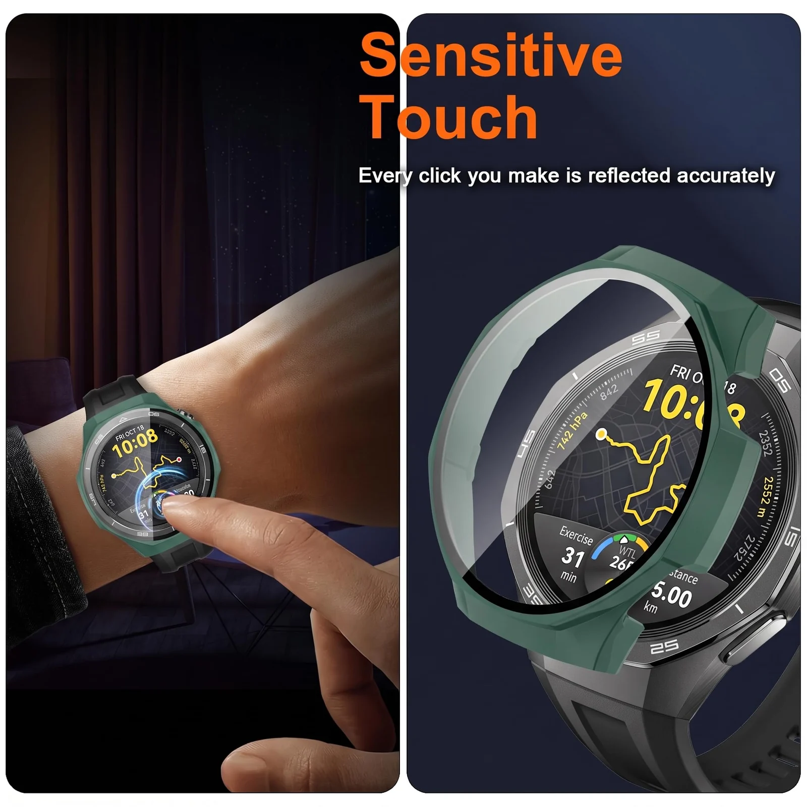 DL3 MOBILAK Full-Coverage Watch Case with Tempered Glass for Huawei Watch GT 5 Pro 46 mm, Green