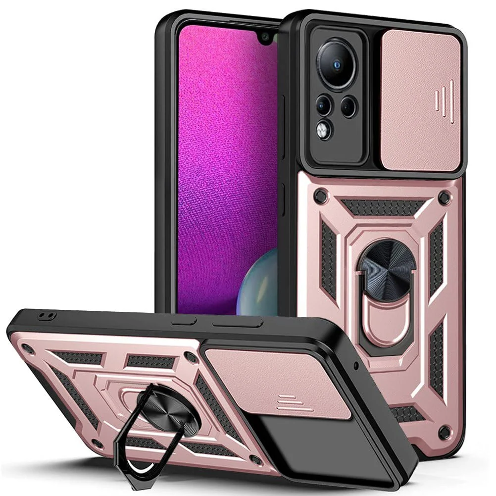 DL3 Mobilak Military-Grade Protective Case with Sliding Camera Cover, Metal Ring Kickstand and Magnetic Car-Mount Support for Infinix Note 12 / Infinix Note 11 - Rose Gold
