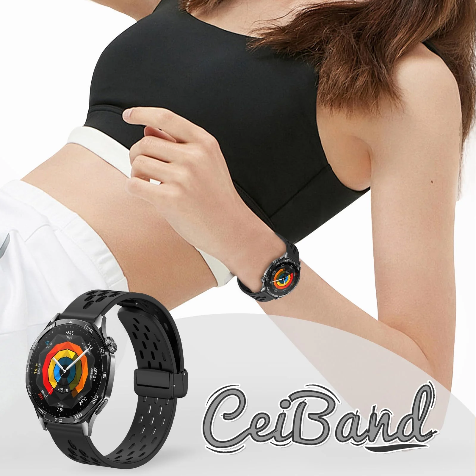 DL3 Mobilak 18mm Silicone Strap For Huawei Watch GT 6 41mm/GT 5 Pro 42 mm/GT 5 41mm/GT4 41 mm/Watch 5 42mm Magnetic Metal Buckle Sport Silicone Breathable Strap, Band Soft Replacment Wristband - Black