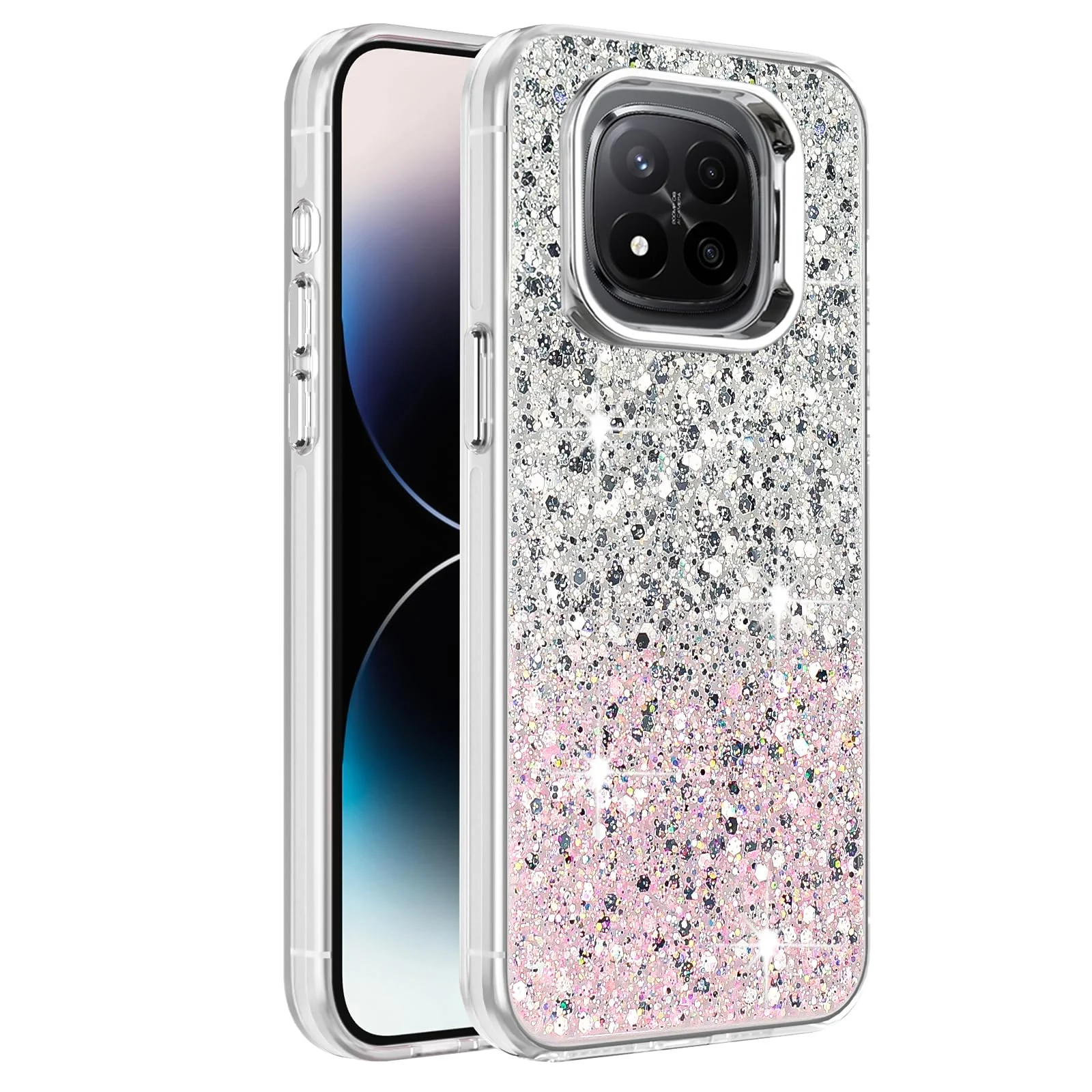 DL3 Mobilak Glitter Protective Case for Xiaomi Redmi Note 14 Pro + Plus 5G, Supports wireless charging, Camera protection, Shock-absorbing protection - White Pink