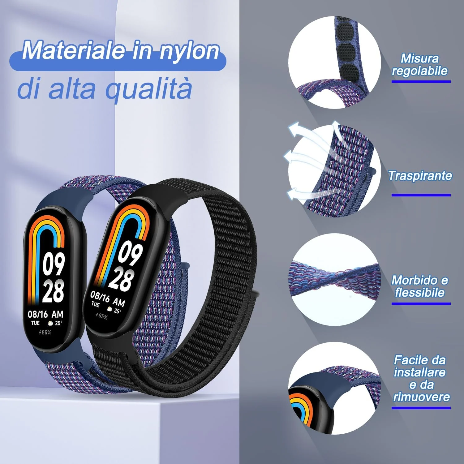 DL3 Mobilak Nylon Sport Band Compatible with Xiaomi Mi Band 10/9/8 for Women Men, Soft Adjustable Breathable Sport Loop Watch Strap Replacement Wristband for Xiaomi Smart Band 8/9/10 - Indigo