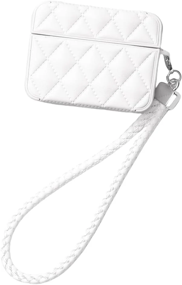 MOBIGON Diamond-Quilted PU Leather Case with Lanyard for Apple AirPods Pro 1 / 2, White
