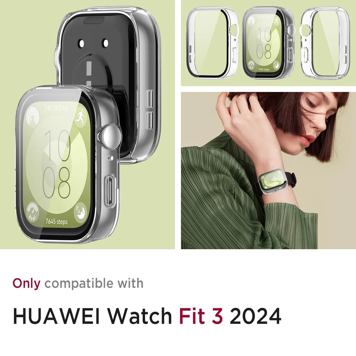 DL3 Mobilak Case Compatible with Huawei Watch Fit 3, Full Coverage Slim Hard Case Protective Bumper Built-in Tempered Glass Screen Protector Shell for Huawei Watch Fit 3 - Clear