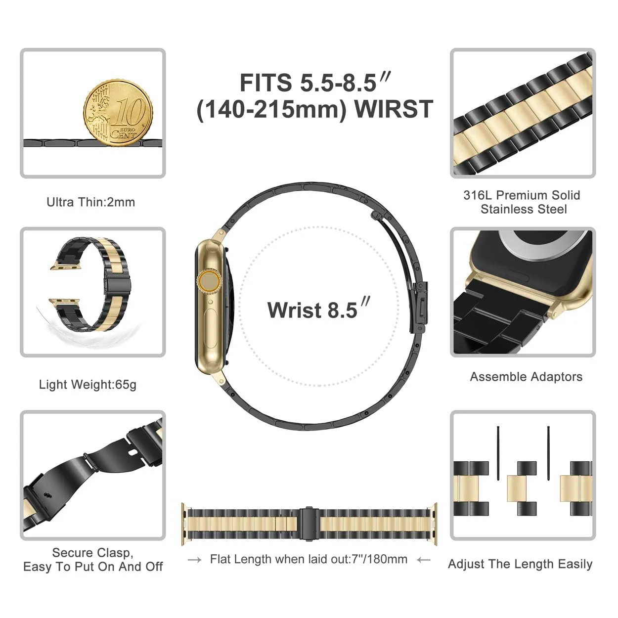 DL3 Mobilak Stainless Steel Band with Case Compatible with Apple Watch Band 45mm Series 9/8/7, Men Woman Business Strap with Protective Bumper Cover for iWatch Series 7/8/9 45mm - Black Gold