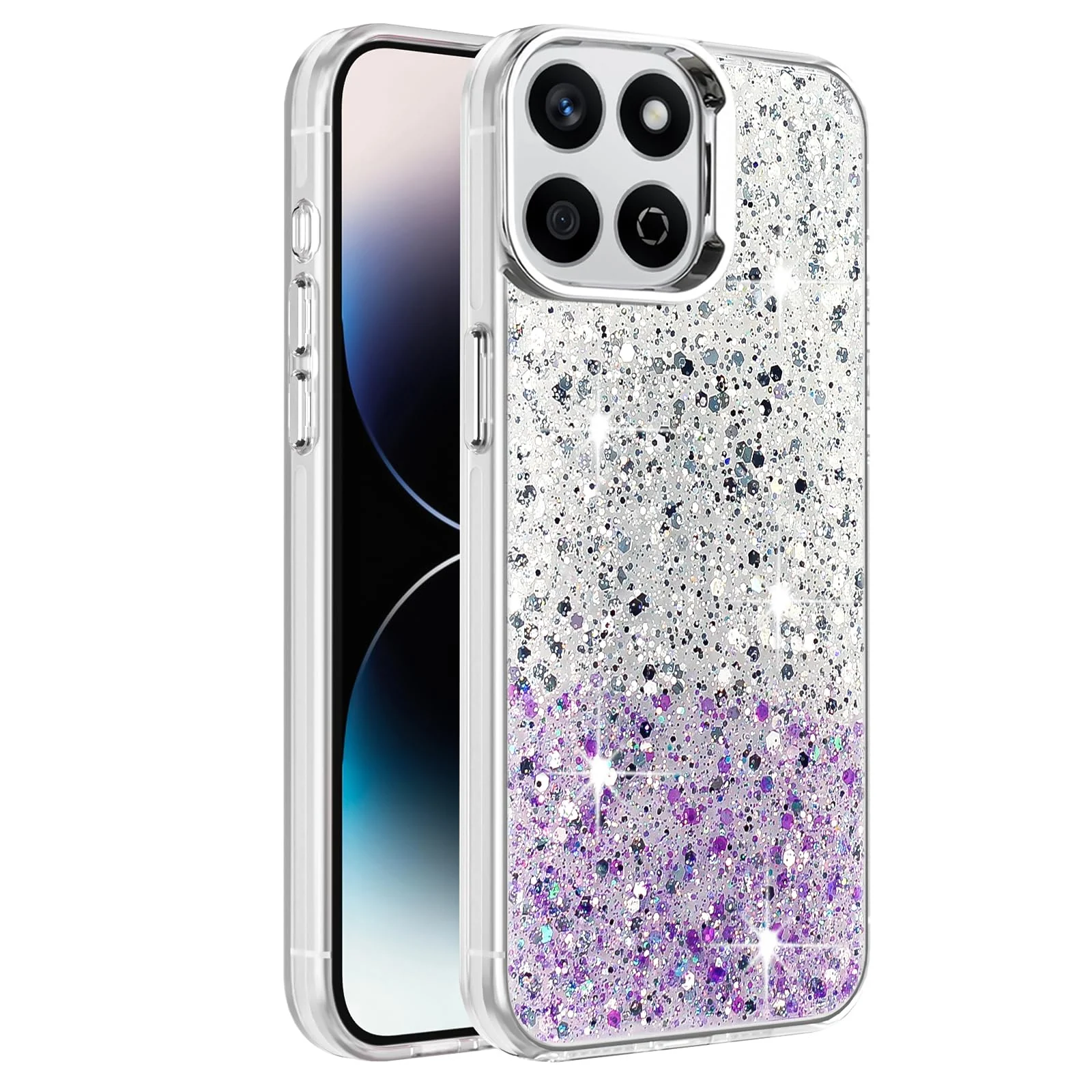 DL3 Mobilak Glitter Protective Case for Honor X7d, Supports wireless charging, Camera protection, Shock-absorbing protection - White Purple