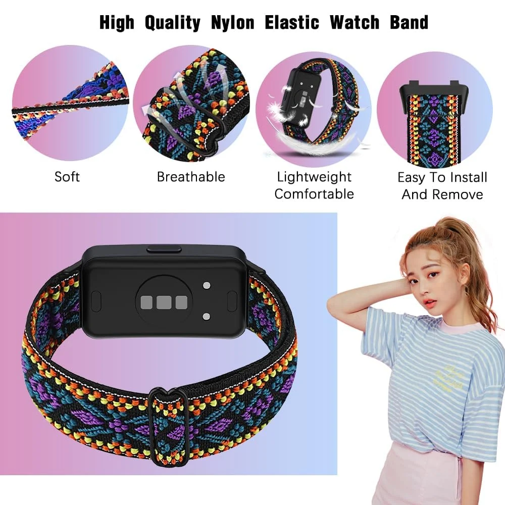 DL3 Mobilak Strap Compatible with Huawei Band 8 / Huawei Band 9 / Huawei Band 10, Soft Elastic Nylon Straps, Adjustable Stretchy Sports Replacement Bracelets Wristbands for Women Men - Bohemia Blue