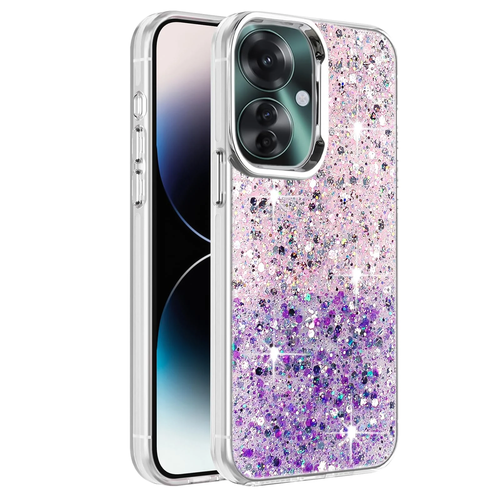 DL3 Mobilak Glitter Protective Case for OPPO Reno 11F / Reno11 F 5G, Supports wireless charging, Camera protection, Shock-absorbing protection - Pink Purple