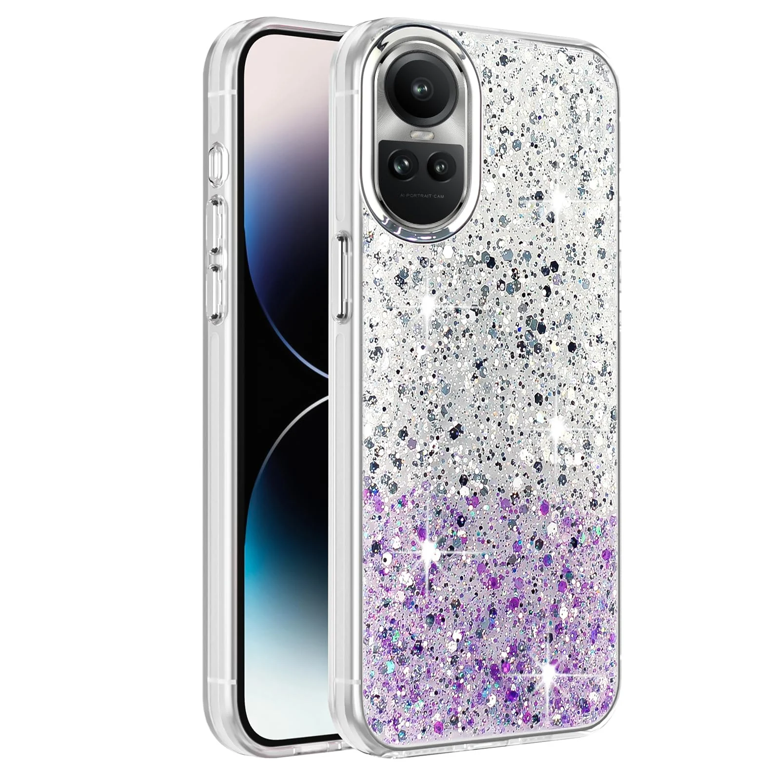 DL3 Mobilak Glitter Protective Case for OPPO Reno 10 5G / Reno10 Pro 5G, Supports wireless charging, Camera protection, Shock-absorbing protection - White Purple