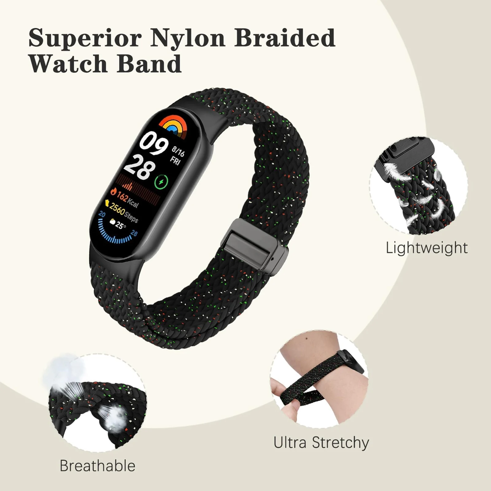 DL3 Mobilak Braided Strap for Xiaomi Mi Band 10/9/8, Men Women Breathable Elastic Nylon with Magnetic Buckle Watch Band for Xiaomi Smart Band 10/Xiaomi Smart Band 9/8 - Star Black