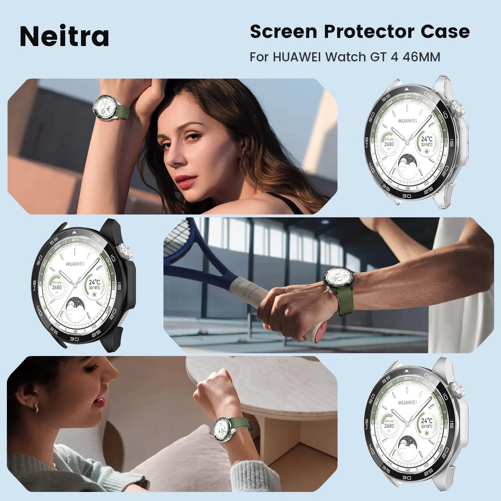 DL3 Mobilak Protective Case for Huawei Watch GT 4 46mm, Hard PC Bumper Cover with Built-in Tempered Glass Screen Protector Shell Cover Full Coverage Scratchproof with Scale - Silver