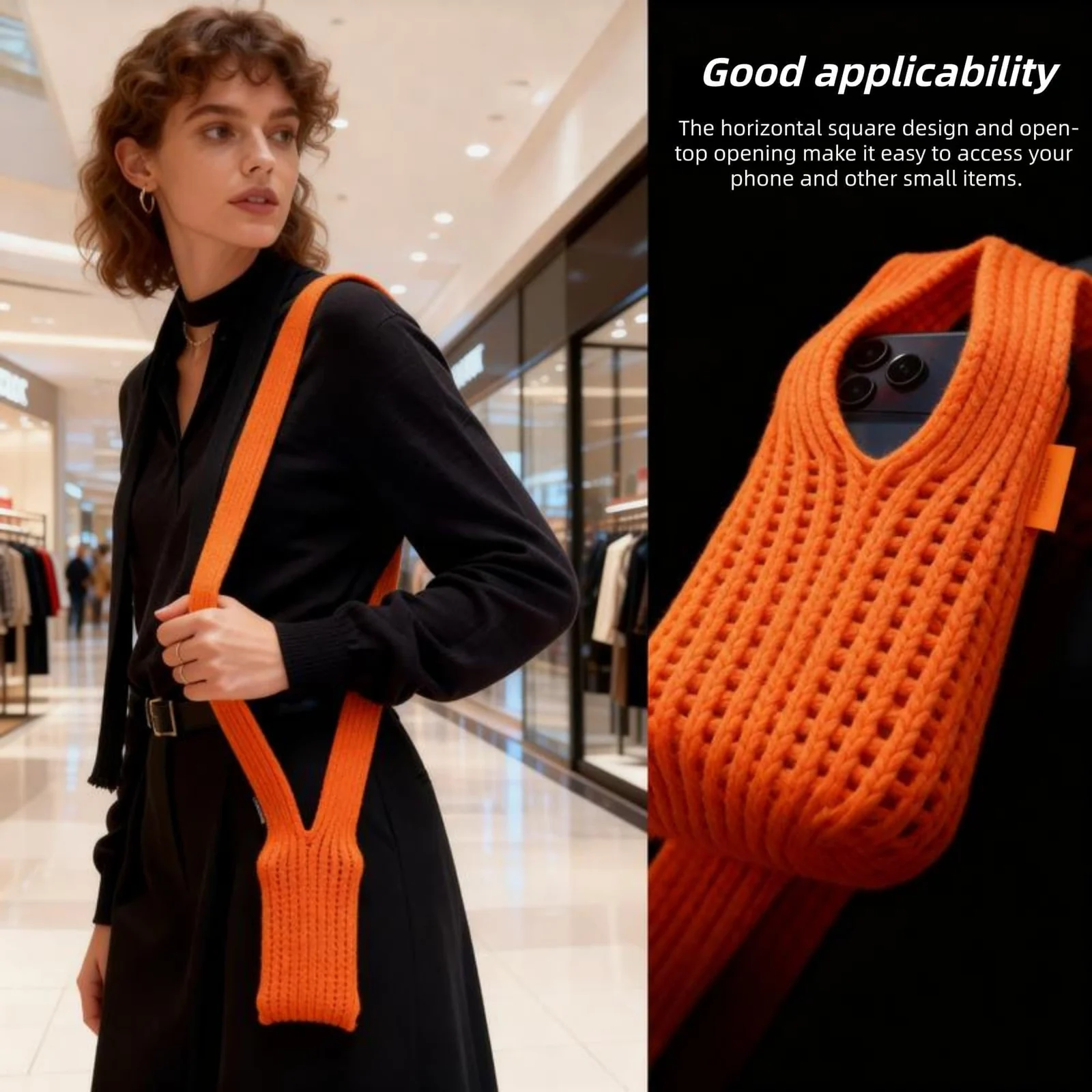 DL3 Mobilak Phone Pocket Lanyard Crossbody Strap 80cm, Universal Stretch Knit Mobile Holder Pouch, Hands-Free Shoulder Phone Bag for iPhone & All Smartphones, Lightweight Minimalist Design - Orange