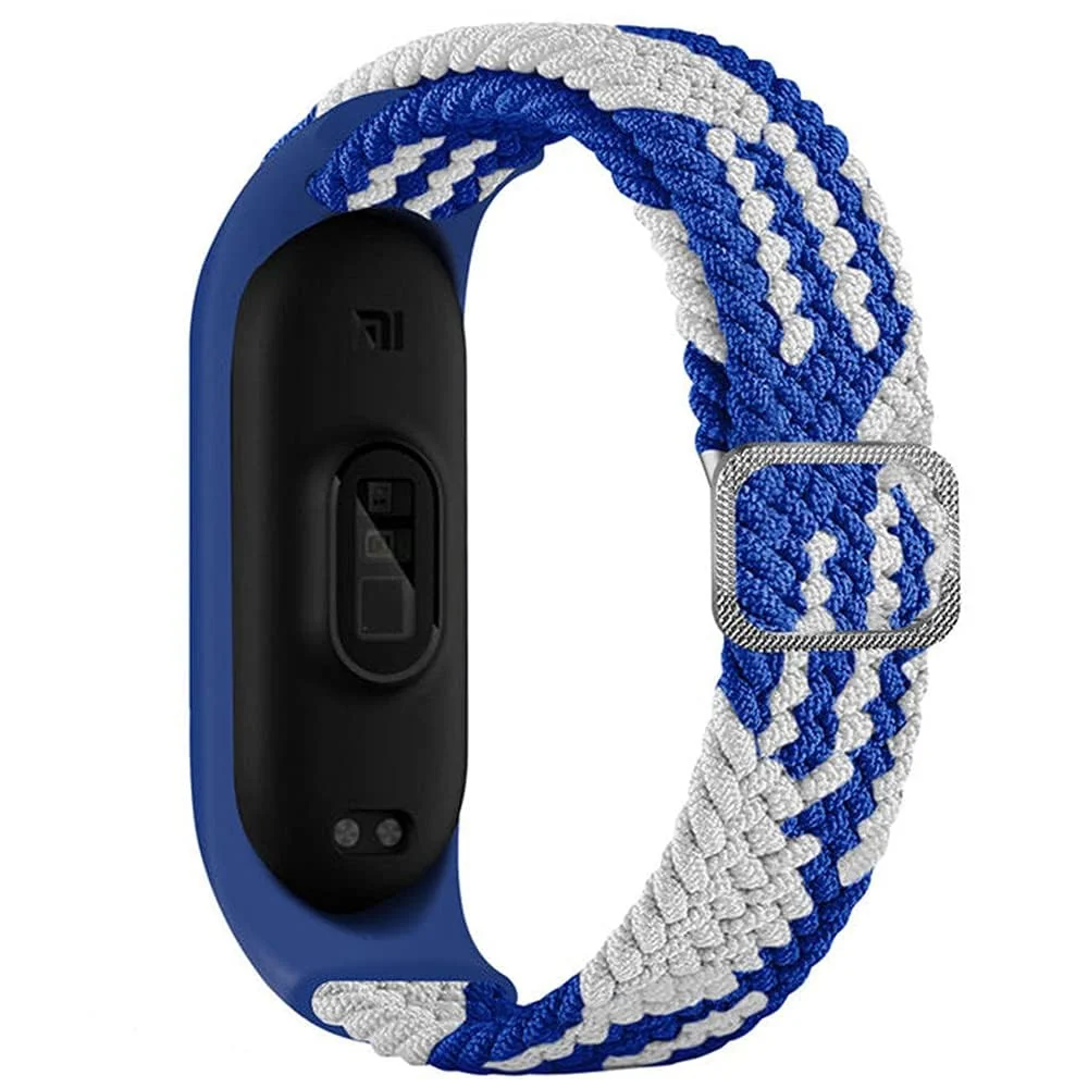 DL3 Mobilak Nylon Wristband Compatible for Xiaomi Mi Band 7/Mi Band 6/Mi Band 5/Mi Band 4/Mi Band 3, Adjustable Braided Elastic Solo Loop for Mi Band 7 6 5 4 3, Sport Strap Smart Watch Accessories - Blue White