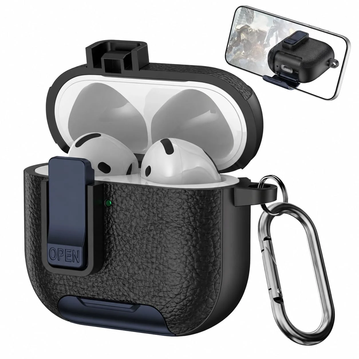 Mobigon for Apple AirPods 3 Leather Case with Secure Lock Clip, Support Wireless Charge, Stand and Charging Port Dustproof Design with Carabiner for AirPods 3 (Black/Blue)