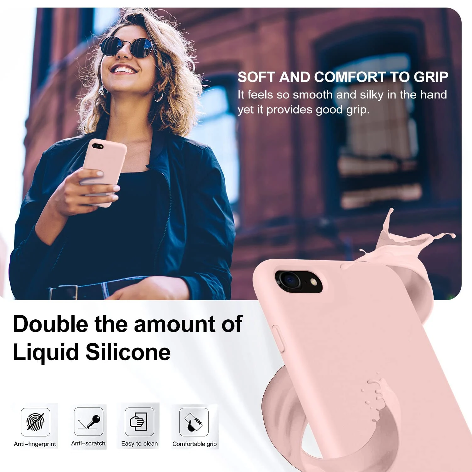DL3 Mobilak Liquid Silicone Protective Case with Soft Microfiber Lining for iPhone SE 2022, SE 2020, iPhone 7, iPhone 8 - Pink Sand