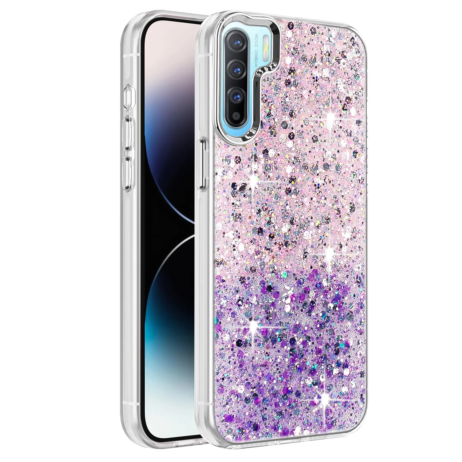 Dl3 Mobilak Compatible with Oppo Reno 3 Case, Clear Glitter Bling Sparkly, Soft TPU Frame Bumper, Hard-Back Cover for Women & Girls, Transparent Protective Phone Case (Pink Purple)