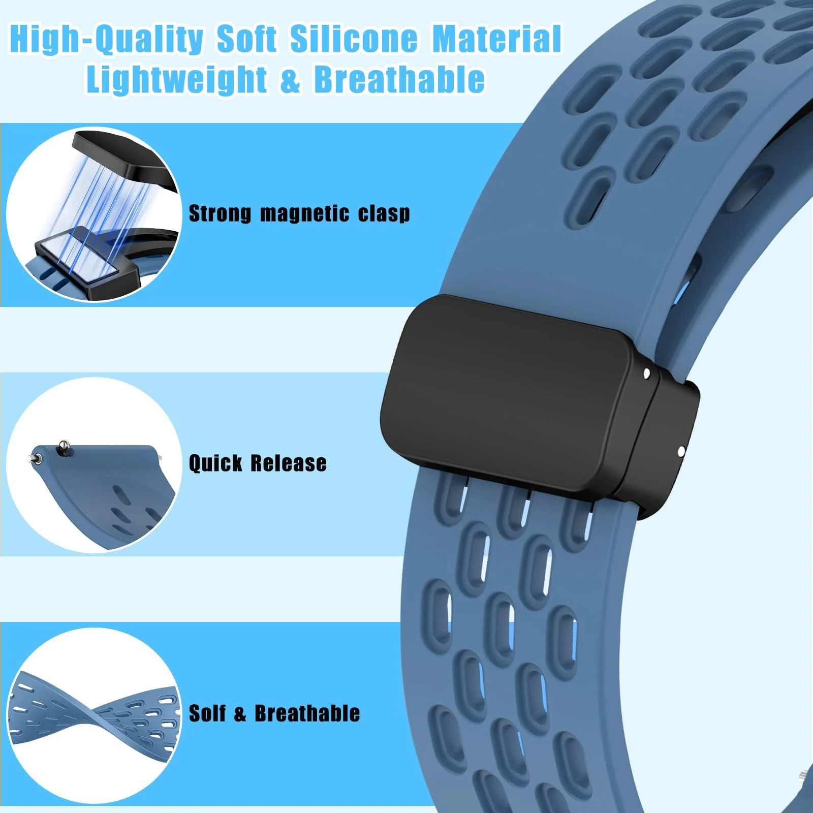 DL3 Mobilak 18mm Silicone Strap For Huawei Watch GT 6 41mm/GT 5 Pro 42 mm/GT 5 41mm/GT4 41 mm/Watch 5 42mm Magnetic Metal Buckle Sport Silicone Breathable Strap, Band Soft Replacment Wristband - Star Blue