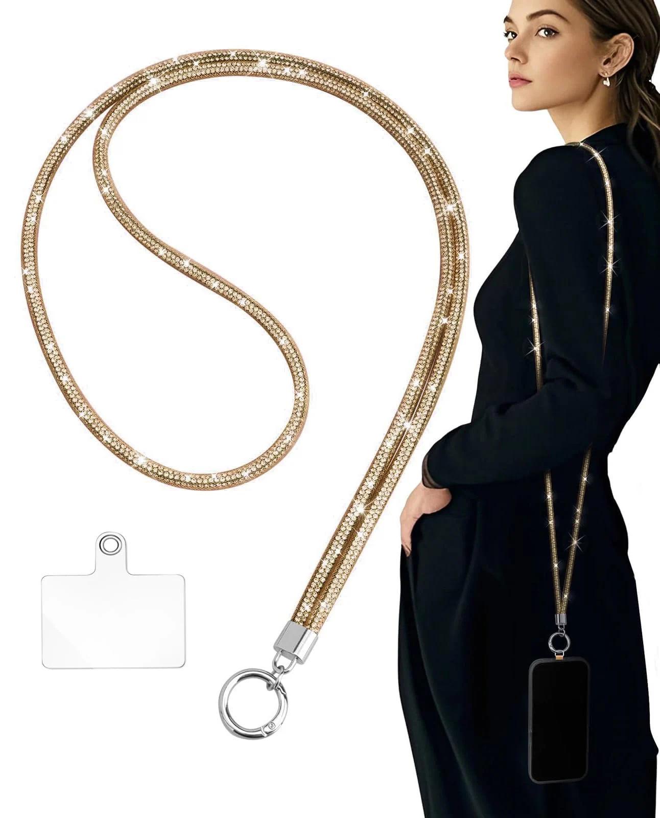 DL3 Mobilak Universal Phone Lanyard Crossbody, Rhinestone Cell Phone Chain Anti-Theft with 1× Shiny Phone Strap, 1× Pad for Most Smartphones, Diamond Phone Neck Holder for Women - Gold