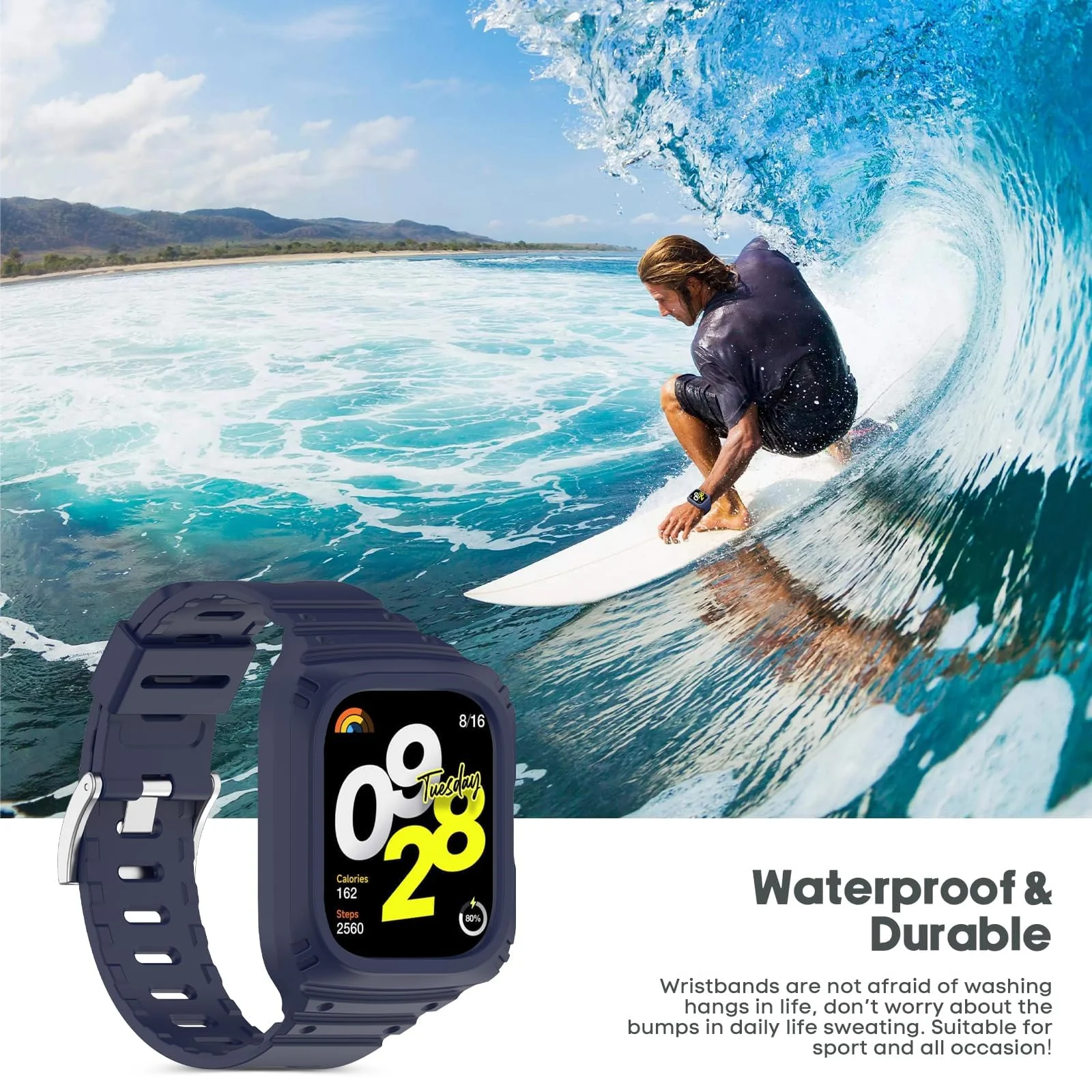 DL3 Mobilak Strap With Cover Compatible with Xiaomi Redmi Watch 4, Silicone Sport Band Replacement Watchband with Bumper Case for Redmi Watch 4, Adjustable Wristband - Midnight Blue