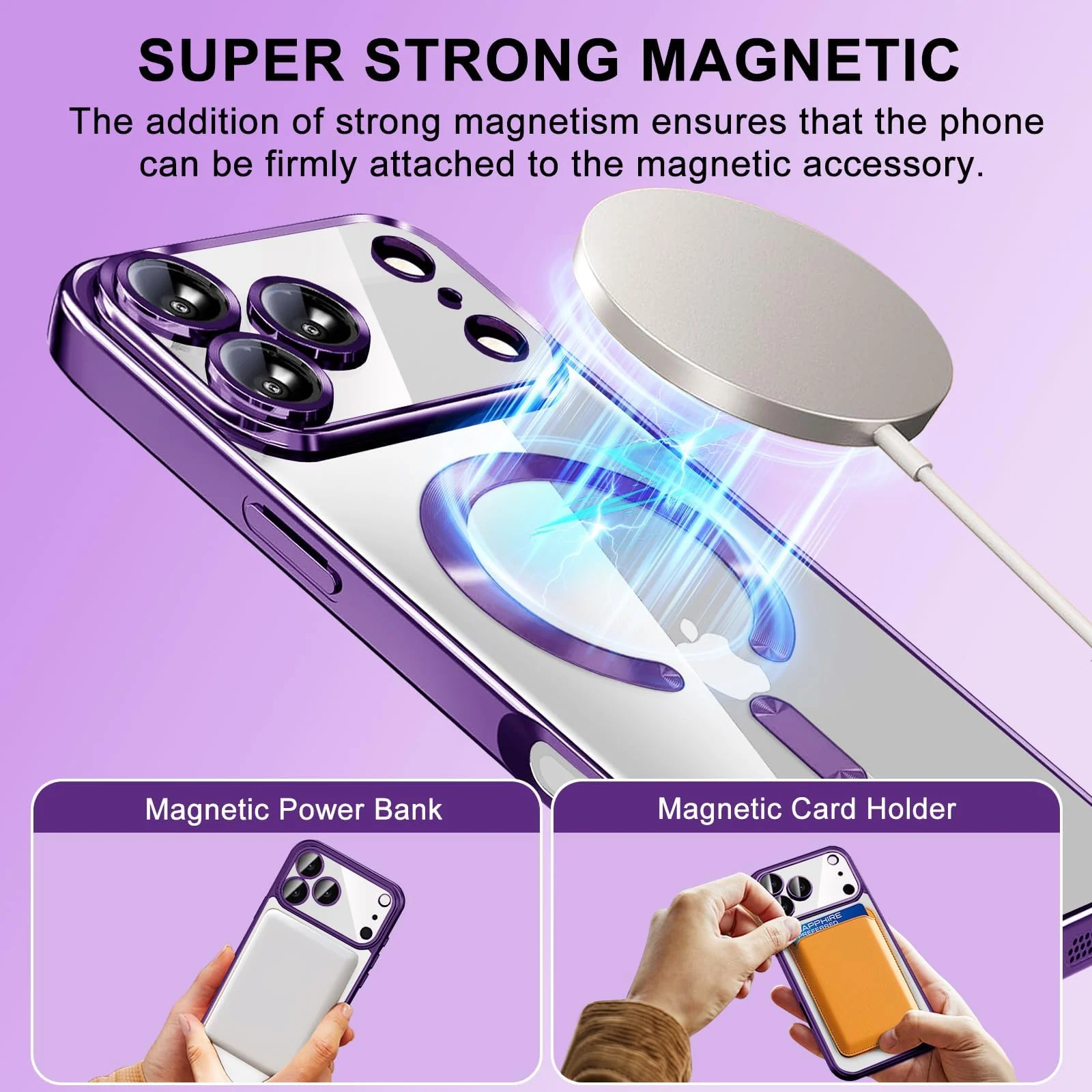 DL3 Mobilak Clear MagSafe-Compatible Magnetic Case for iPhone 17 Pro Max with Camera Protection and Magnetic Car-Mount Support - Purple
