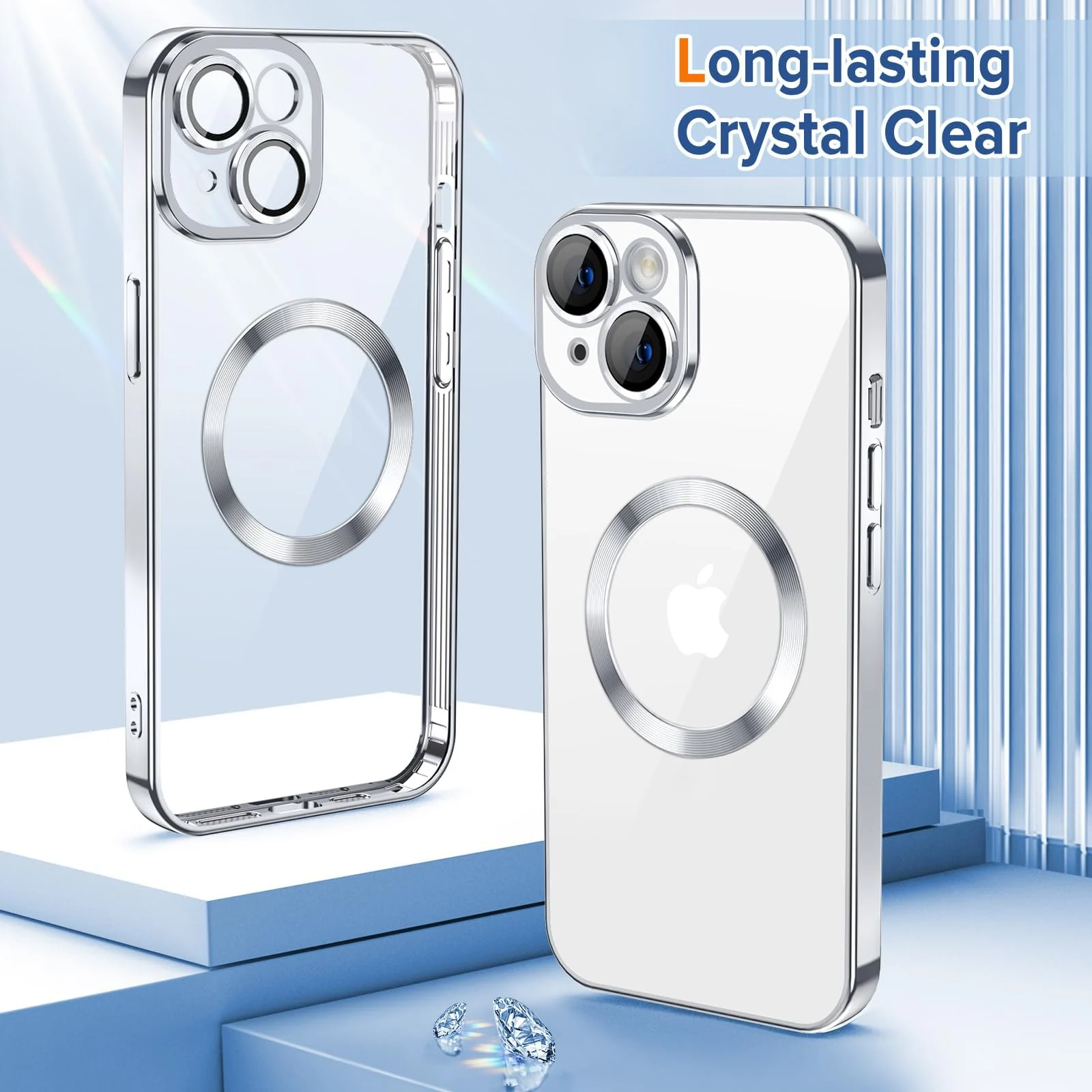 DL3 Mobilak Clear TPU Case with Electroplated Edges for iPhone 14 with Camera Protection and Anti-Yellowing Design - Silver