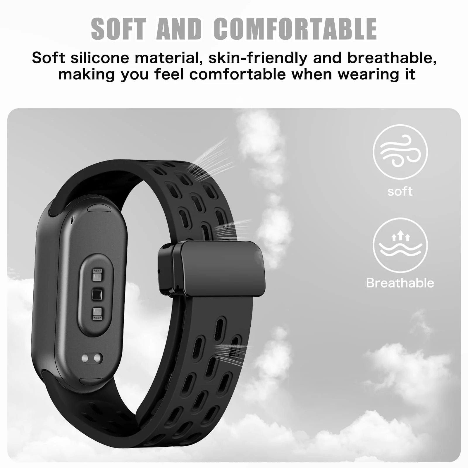 DL3 Mobilak Strap For Xiaomi Mi Band 10/9/8 Magnetic Metal Buckle Sport Silicone Breathable Strap for Men Women Band Quick Release Soft Replacment Wristband For Xiaomi Smart Band 8/9/10 - Black