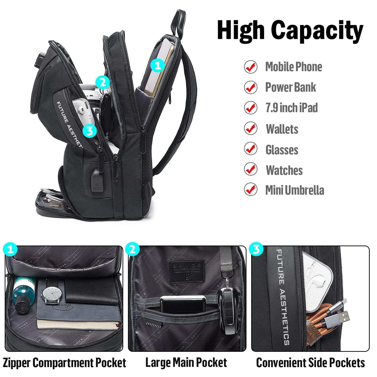 Mobigon Chest Bag for Men, Sling Crossbody Backpack with USB Charging Port & Combination Lock, Waterproof Shoulder Bag, Fits up to 12 Inch Tablet, Anti-Theft Travel Work Hiking Bag - Black