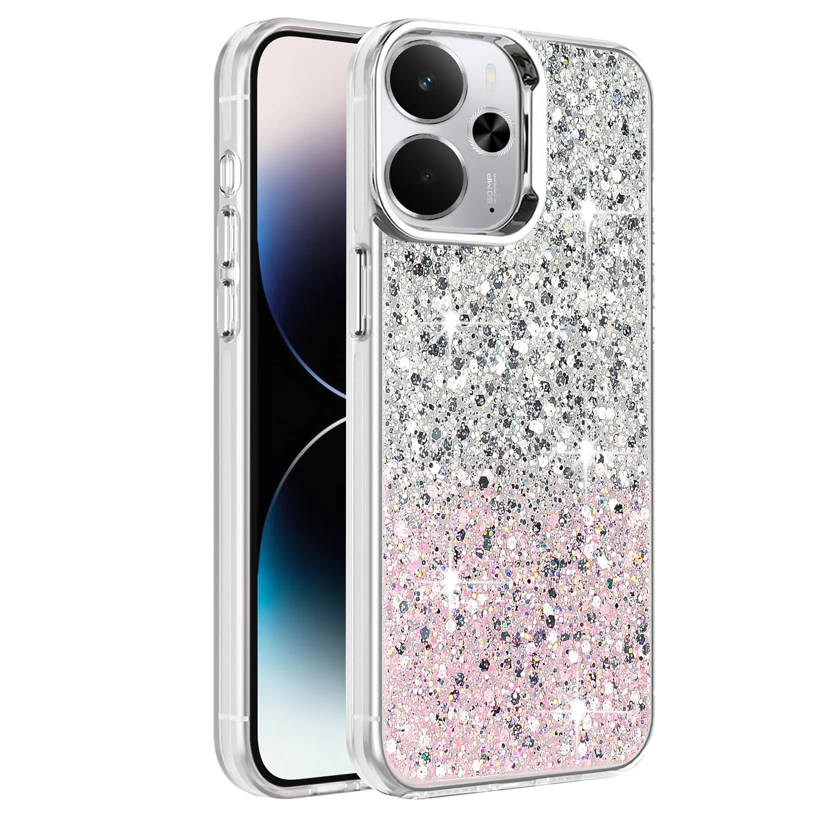 Dl3 Mobilak Compatible with Realme 14 Case, Clear Glitter Bling Sparkly, Soft TPU Frame Bumper, Hard-Back Cover for Women & Girls, Transparent Protective Phone Case (Pink Purple)