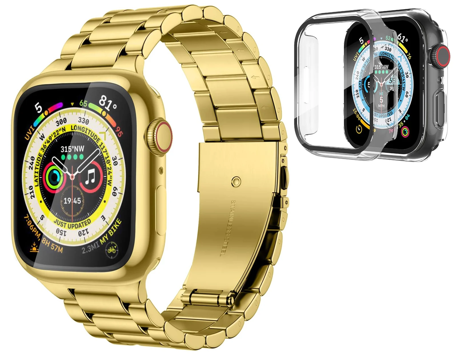 DL3 Mobilak Stainless Steel Band with Case Compatible with Apple Watch Band Series 9/8/7 45mm, Men Woman Business Metal Strap with Protective Bumper Cover for iWatch Series 7/8/9 45mm - Gold
