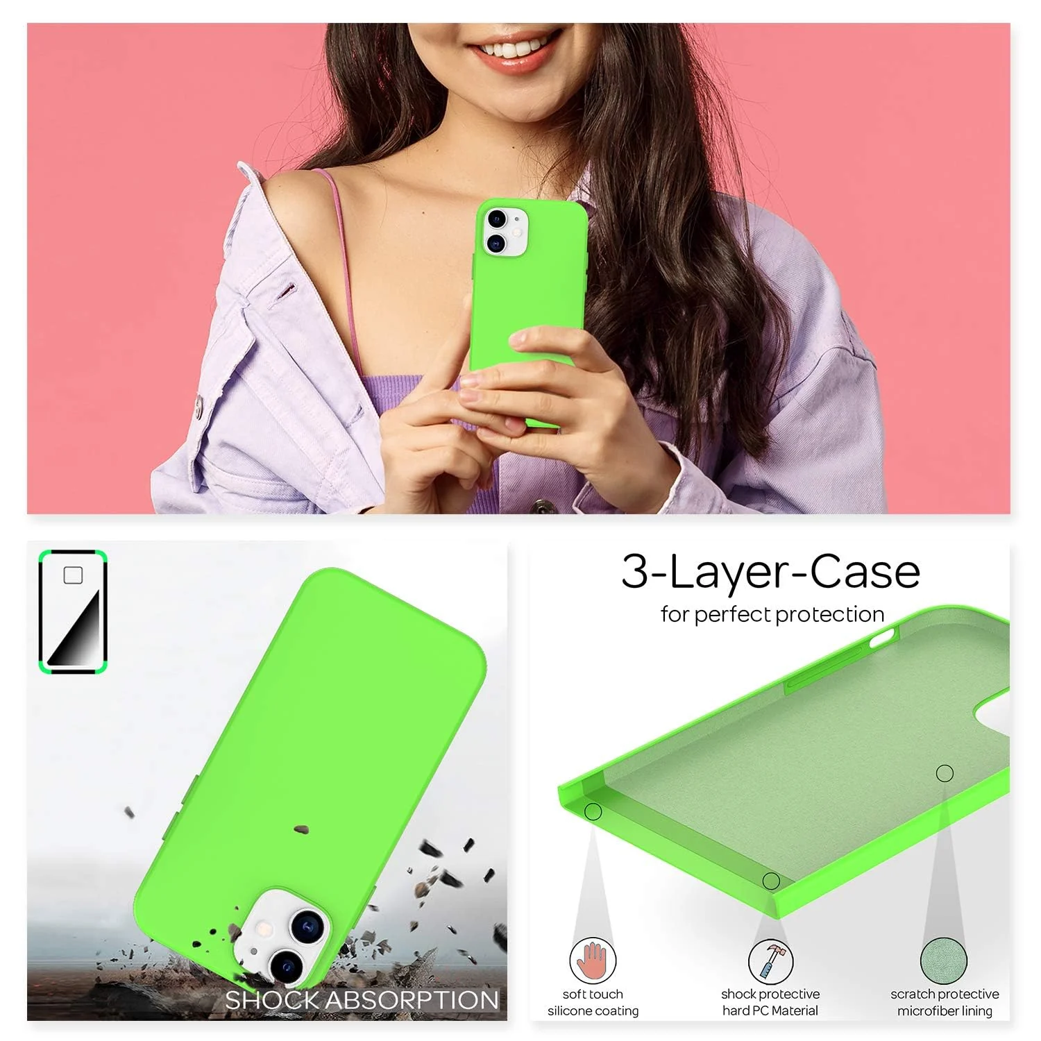 DL3 Mobilak Liquid Silicone Case for iPhone 11 (6.1 Inch), Shock-absorbing protection, Scratch-resistant surface, Soft microfiber lining - Neon Green