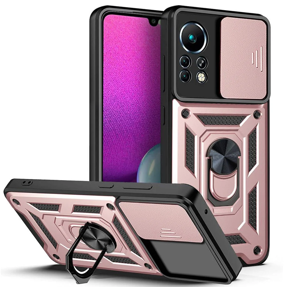 DL3 Mobilak Military-Grade Protective Case with Sliding Camera Cover, Metal Ring Kickstand and Magnetic Car-Mount Support for Infinix Note 11 Pro / Note 11S - Rose Gold
